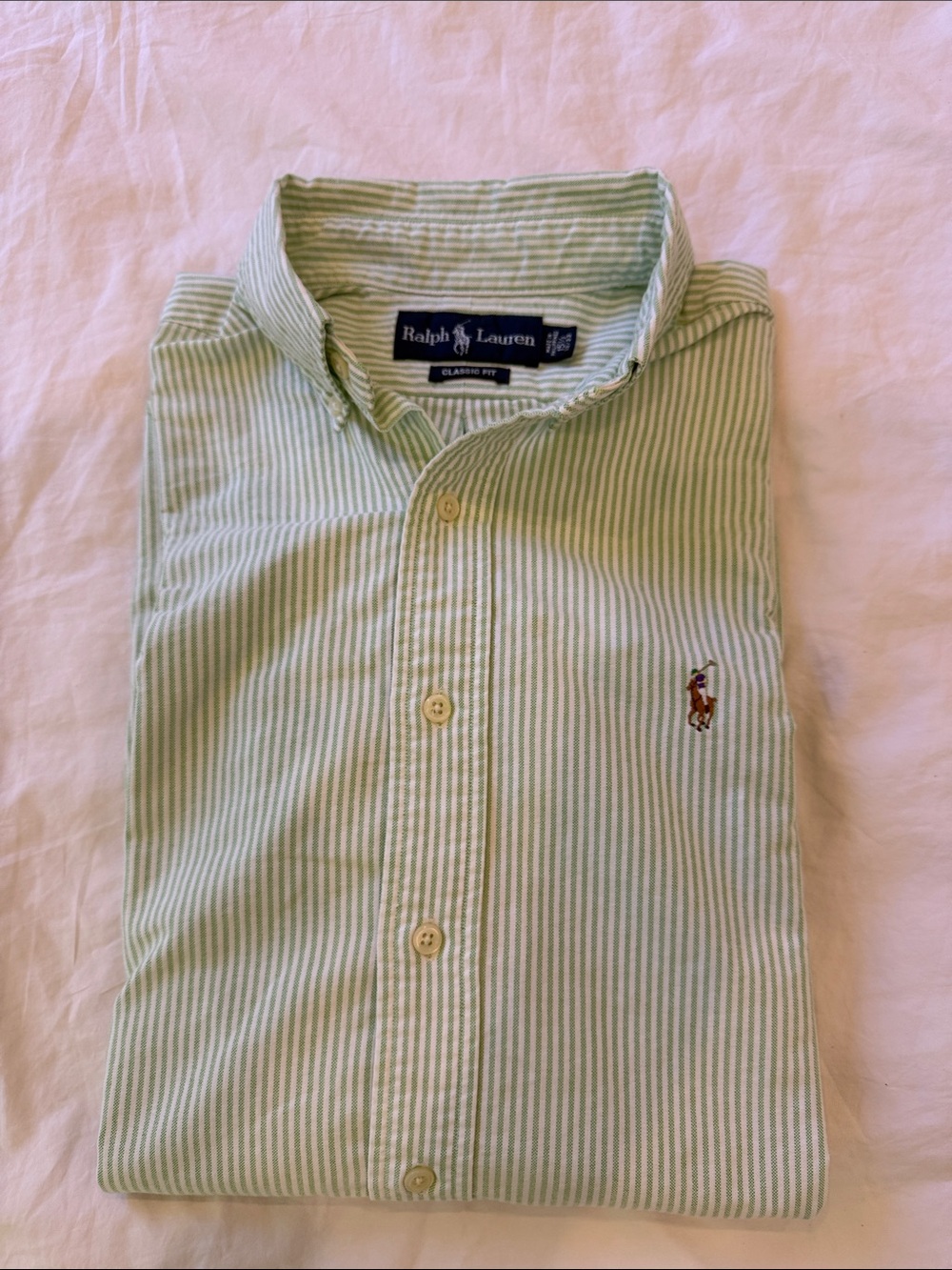 Ralph Lauren Light Green & White Striped Button-Down Oxford Shirt 15.5